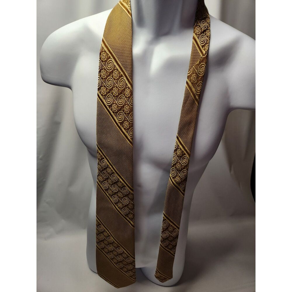 Vintage Gold Patterned Necktie 100% Polyester Floral Spiral Design
